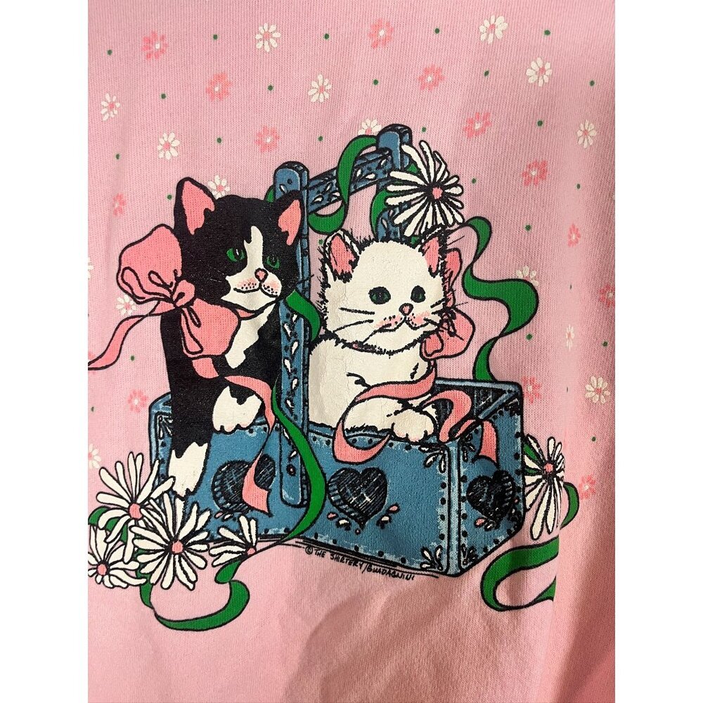 Vintage Cat Sweatshirt Grandmacore Cottagecore Pink M Retro 80s Boho Hippie Folk - Picture 2 of 7